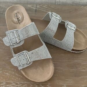 Nicole Miller rhinestone 2 buckle slides, size 9